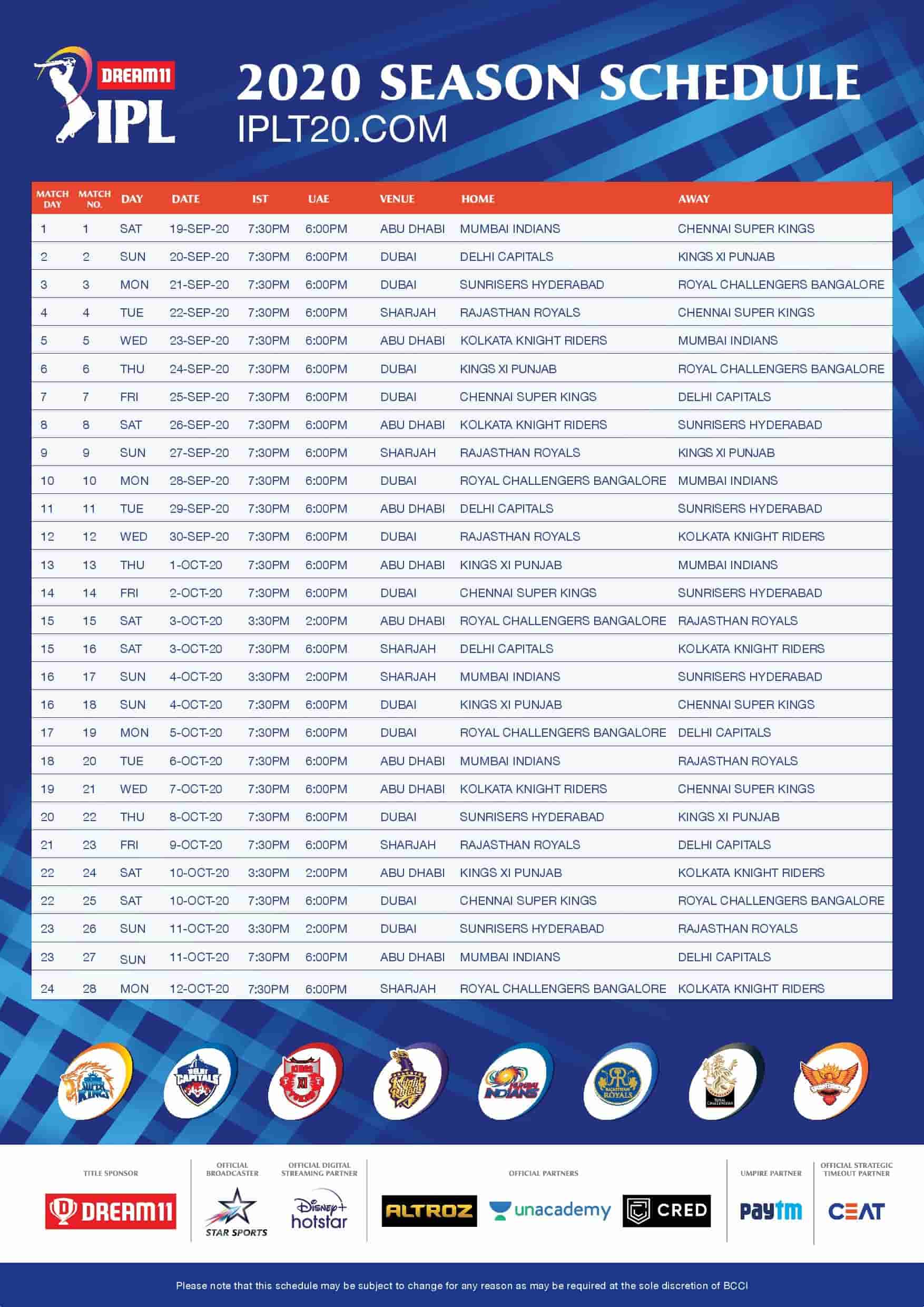 Ipl 2020 Schedule Bcci Announces Schedule For Dream11 Ipl 2020 Check Download Full Schedule 1214