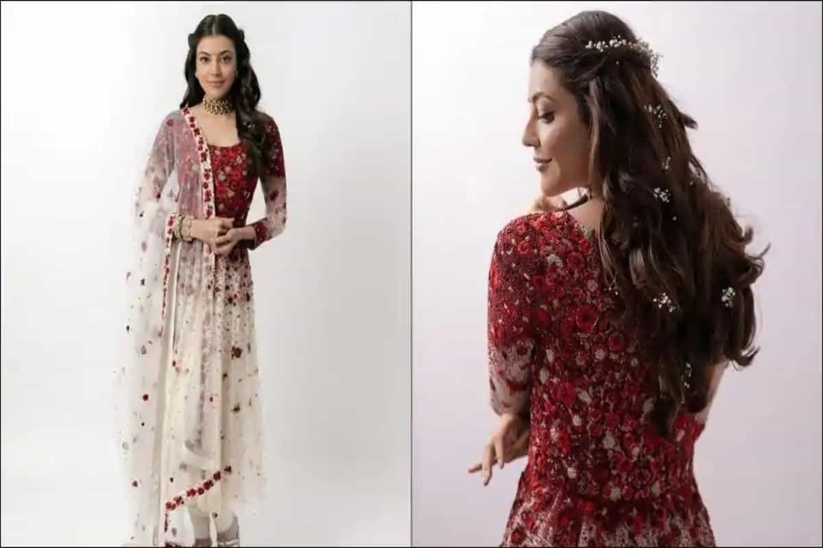 Kajal Aggarwal’s breathtaking pre-wedding satsang look, in red and ivory Anarkali set, is too dainty to miss
