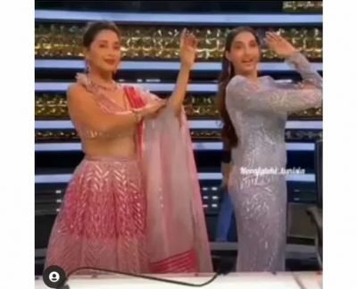 Madhuri Dixit looks pretty in pink lehenga while dancing with Nora Fatehi