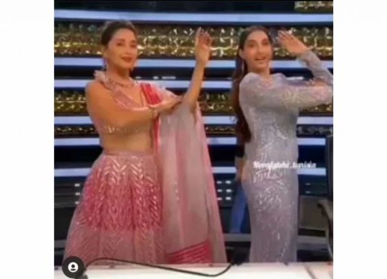 Madhuri Dixit looks pretty in pink lehenga while dancing with Nora Fatehi