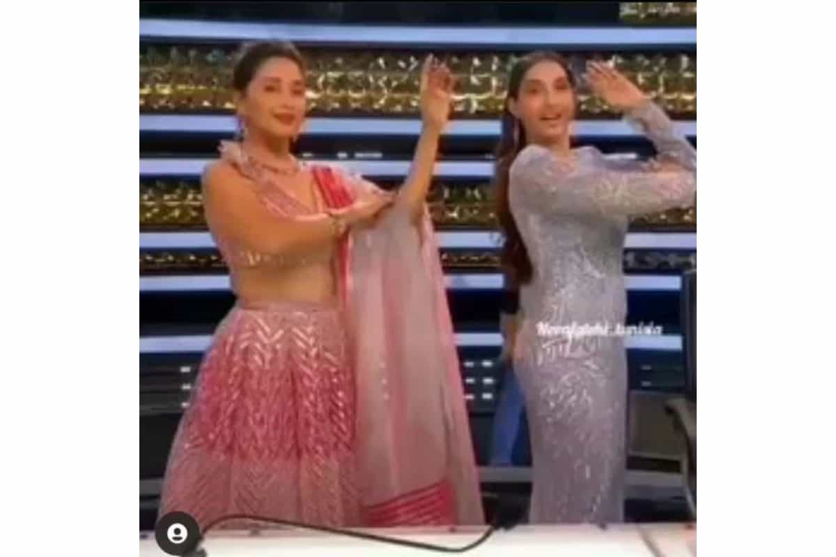 Madhuri Dixit looks pretty in pink lehenga while dancing with Nora Fatehi