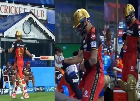 IPL 2021 : Virat Kohli reprimanded for hitting boundary cushion and chair near RCB dugout