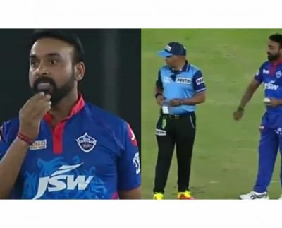 IPL 2021 : Amit Mishra accidentally applies saliva on ball, Umpire warns
