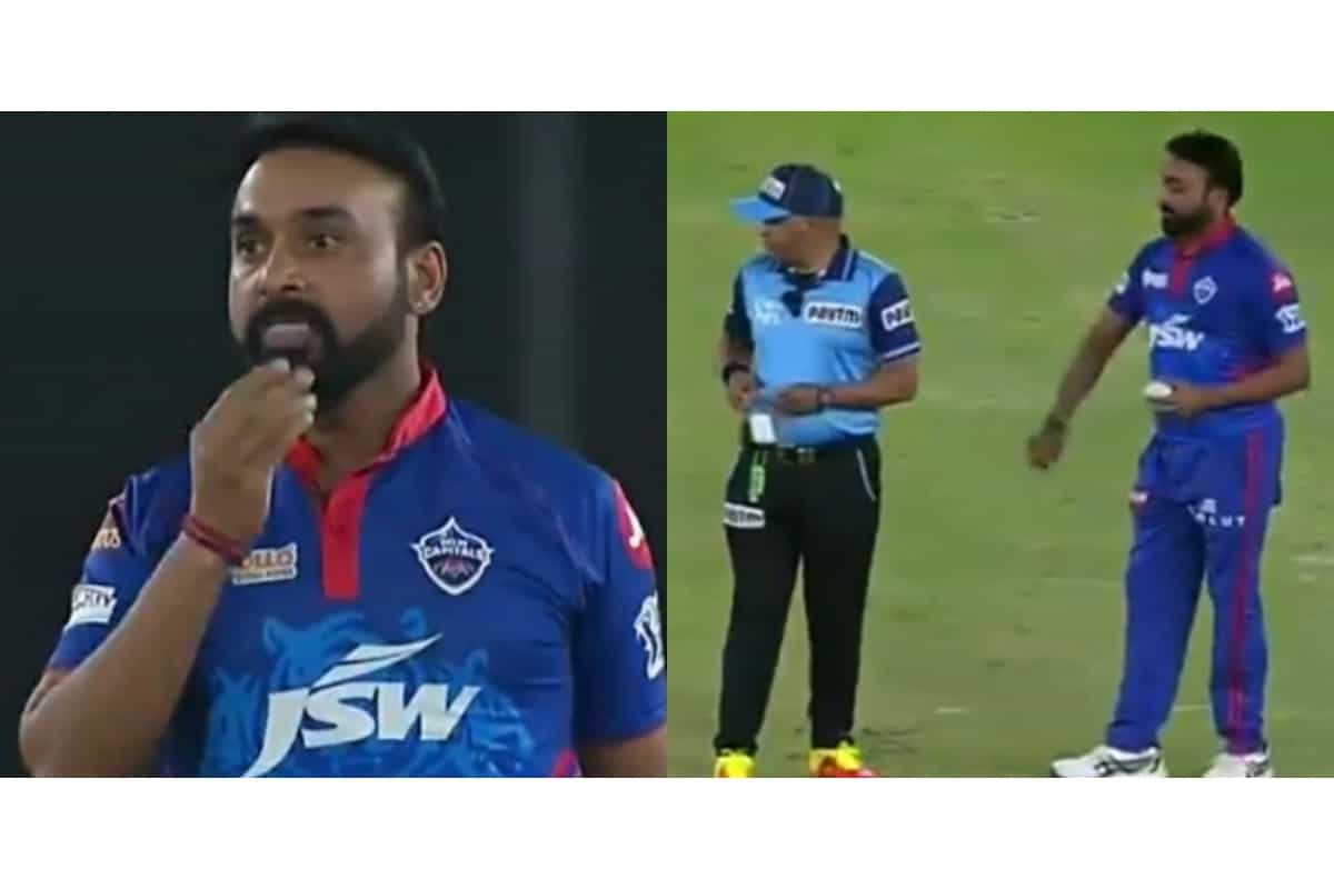 IPL 2021 : Amit Mishra accidentally applies saliva on ball, Umpire warns