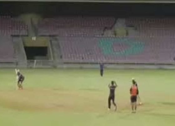 Andre Russell hits powerful straight shot in practice match, forces Karthik to jump to save himself - WATCH