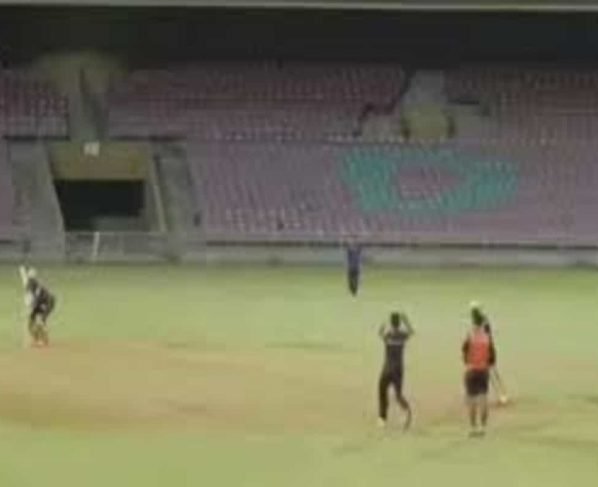 Andre Russell hits powerful straight shot in practice match, forces Karthik to jump to save himself - WATCH