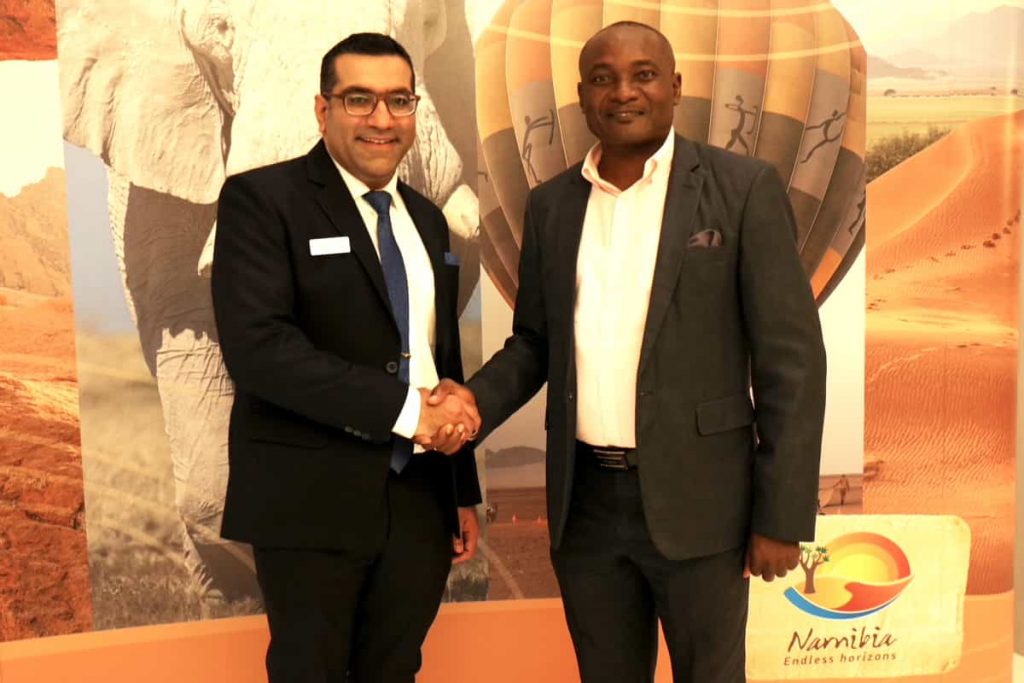 Minister Pohamba Shifeta, Minister of Environment, Forestry, and Tourism with Kunaal Nanik, Managing Director of Marco Polo Holidays, UAE Tourism, Namibia Tourism, Dubai Tourism, Tourism, Travel, Tourism News, UAE Travel, UAE Travel News