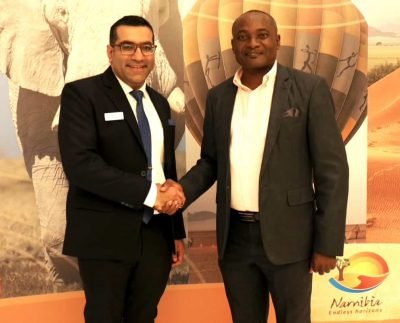 Minister Pohamba Shifeta, Minister of Environment, Forestry, and Tourism with Kunaal Nanik, Managing Director of Marco Polo Holidays, UAE Tourism, Namibia Tourism, Dubai Tourism, Tourism, Travel, Tourism News, UAE Travel, UAE Travel News