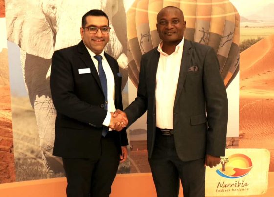 Minister Pohamba Shifeta, Minister of Environment, Forestry, and Tourism with Kunaal Nanik, Managing Director of Marco Polo Holidays, UAE Tourism, Namibia Tourism, Dubai Tourism, Tourism, Travel, Tourism News, UAE Travel, UAE Travel News